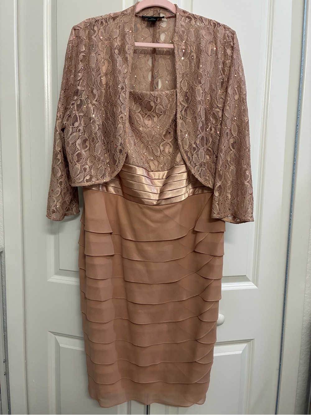 Jessica Howard Dusty Rose Lace Jacket with Tiered Pencil Skirt